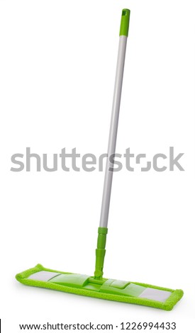 Mop with green microfiber rag and white plastic tubular handle isolated on a white background Royalty-Free Stock Photo #1226994433
