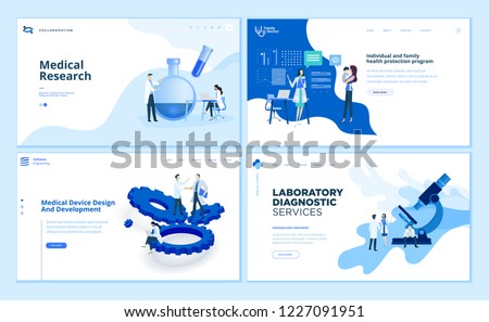 Web page design templates collection of medical research, laboratory diagnostic, medical device development, family health protection. Modern vector illustration concepts for website development.
