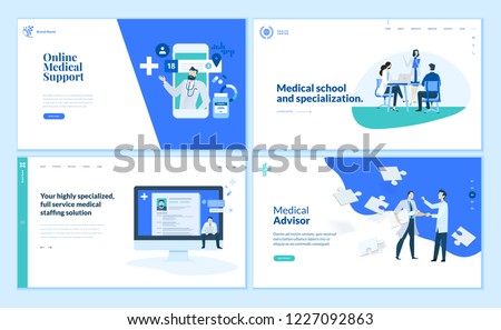Web page design templates collection of online medical support, medical school and specialization, advisor. Modern vector illustration concepts for website and mobile website development. 