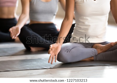 Yogi black woman and group of people doing yoga Padmasana exercise, Lotus pose with mudra, working out indoor close up, mixed race female students training at yoga studio. Well being, wellness concept Royalty-Free Stock Photo #1227103213