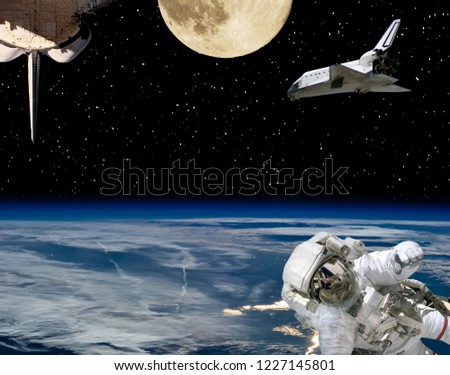 Astronaut, spaceships and moon. Earth on the backdrop. The elements of this image furnished by NASA.
