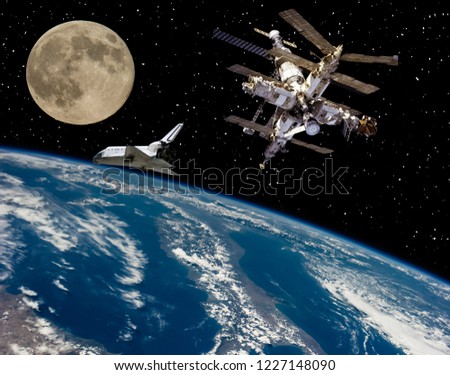 Shuttle goes from earth to moon. The elements of this image furnished by NASA.
