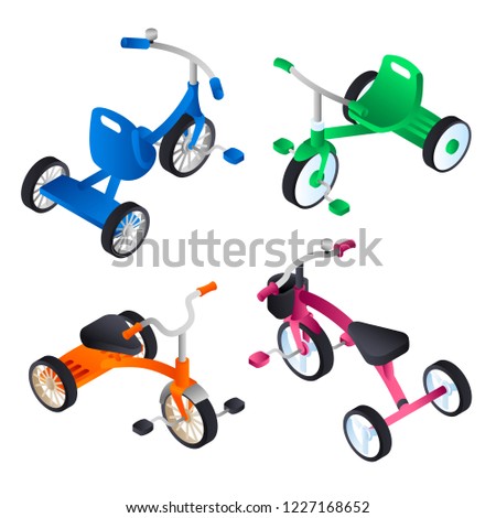 Tricycle icon set. Isometric set of tricycle vector icons for web design isolated on white background