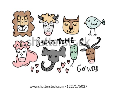 Vector funny magical safari animals set. Poster and banner element, children's book illustration, postcard, gift card, print for t-shirt and more, sticker, label and other. Isolated on white