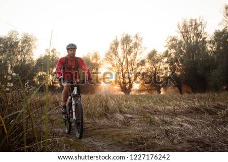 Determined young man riding a mountain bike through countryside, Sunset behind the trees in the background. Healthy and active lifestyle concept