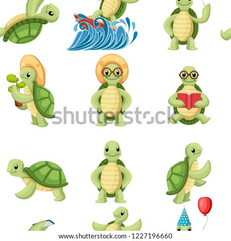 Collection of turtles cartoons characters. Little turtles do different things. Flat vector illustration on white background.