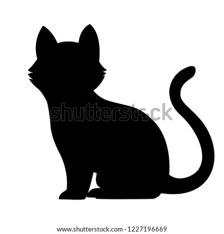 Black silhouette. Sitting black cat. Cute home animal. Cartoon character design. Flat vector illustration isolated on white background.