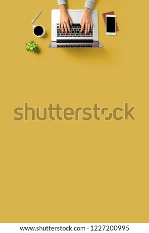 Overhead shot of woman working in office. Copy space
