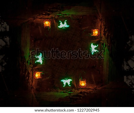 green butterfly in square frame isolated against dark background