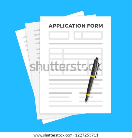 Application form and pen. Claim form, paperwork concepts. Flat design. Vector illustration Royalty-Free Stock Photo #1227253711