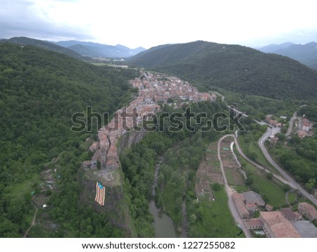 Girona. Castellfollit de la Roca from the ait. Spain. Drone Photo
