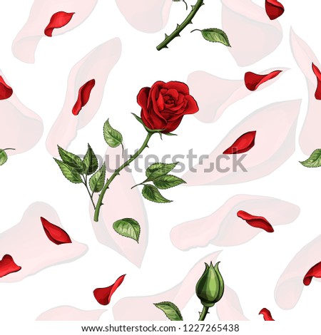 Red rose flower and soft petals elements vector seamless pattern. Happy mother day, girls birthday, Valentines day. Gift box paper design