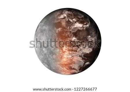 Half planet mars with atmosphere with half mercury planet of solar system isolated on white background. Death of the planet. Elements of this image were furnished by NASA. For any purprose use.