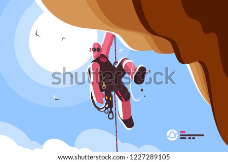 Mountain climber with special equipment vector illustration. Free mountaineer hanging down and holding on sheer cliff flat style concept. Blue sky and bright sun on background