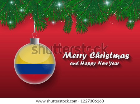 Vector border of Christmas tree branches and ball with Colombia flag. Merry Christmas and happy new year. 
