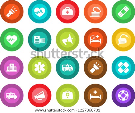 Round color solid flat icon set - hose vector, heart pulse, doctor case, patch, ambulance star, car, hospital bed, loudspeaker, torch, crisis management