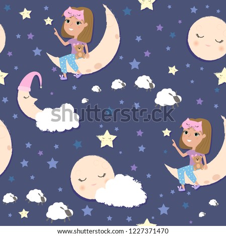 Cute seamless pattern night sky, stars and girl on a moon. Pajama party background. Editable vector illustration