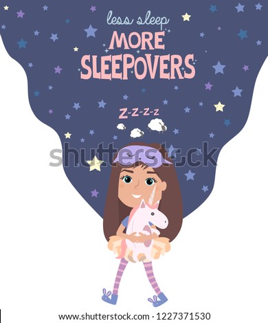 Pajama party poster with fun girl character. Invitation for slumber party. Editable vector illustration