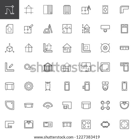 Architecture elements outline icons set. linear style symbols collection line signs pack. vector graphics. Set includes icons as Blueprint project plan, Building construction, House interior furniture