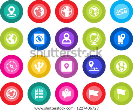 Round color solid flat icon set - globe vector, seat map, route, navigation, earth, mobile tracking, network, place tag, compass, flag