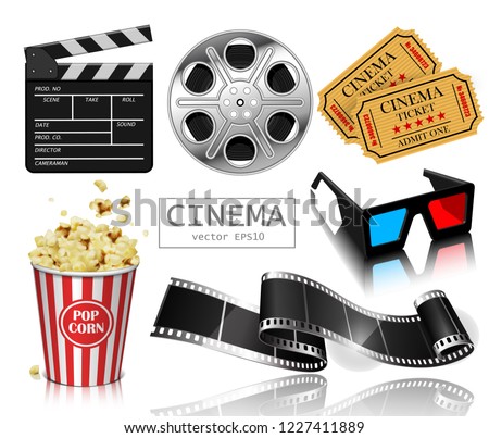 Illustration for the film industry. Popcorn, reel, film and clapperboard. Highly detailed illustration.