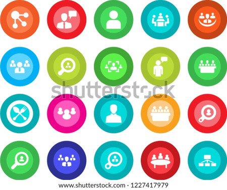 Round color solid flat icon set - spoon and fork vector, speaking man, team, meeting, group, user, company, hr, client search, consumer, social media, hierarchy
