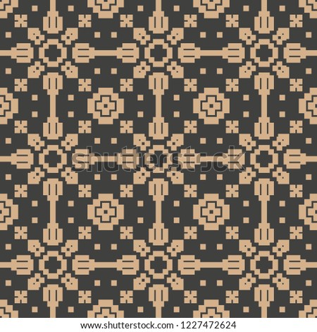 Vector damask seamless retro pattern background mosaic pixel geometry cross flower frame. Elegant luxury brown tone design for wallpapers, backdrops and page fill.