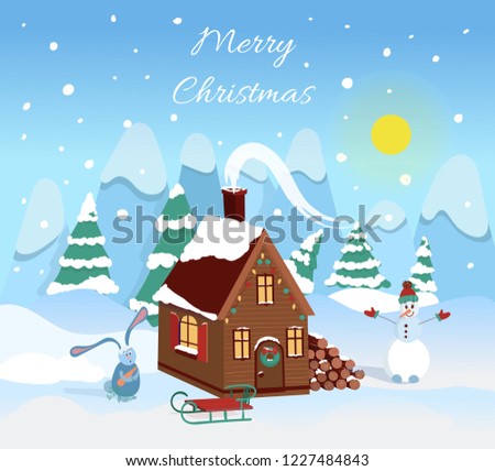 Winter vector sunny background with landscape, house, mountains, bunny, sleigh and snowman