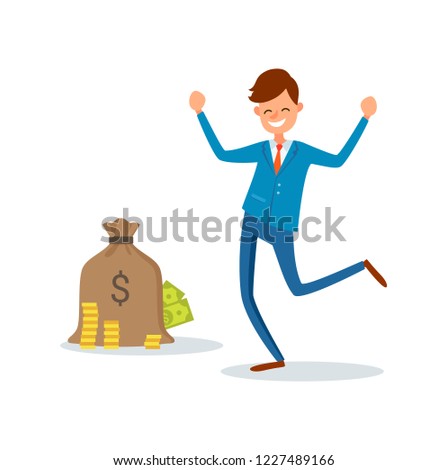 Sack with dollar sign full of golden coins and paper money bills and happy businessman with hands up vector isolated. Boss in suit ready to get money