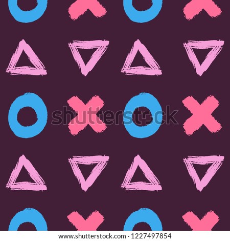Repeated circles, crosses and triangles drawn by hand with rough brush. Geometric seamless pattern for children. Grunge, watercolor, sketch. Vector illustration. Purple, pink, blue.