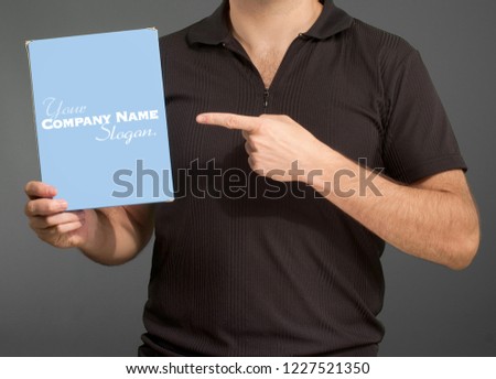 Man showing a blank box, ideal for inserting your own logo or label