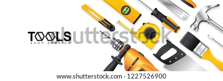 Construction concept tools shop service banner set all of tools supplies for house repair builder on white background vector illustration Royalty-Free Stock Photo #1227526900