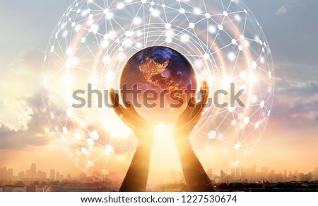Abstract science. Hands touching earth and circle global network connection, data exchanges worldwide on city sunset background. Innovation. Creative and inspiration idea and Networking Royalty-Free Stock Photo #1227530674