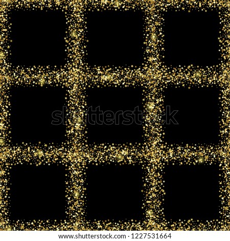 Luxury festive golden seamless pattern on black background. Gold glitter repeat check with star, round and diamond particles. Checkered wallpaper for greetind card, textile print, wrapping, covers.
