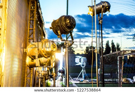 night on movie set with many lamps outdoor Royalty-Free Stock Photo #1227538864