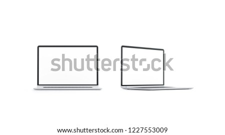 Blank white laptop screen mockup set, front and side view, 3d rendering. Empty digital display mock up, isolated. Clear slim computer for network template. Business notebook with modern monitor.