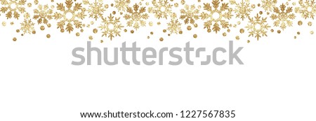 Golden glitter snowflake borders isolated on black background. 