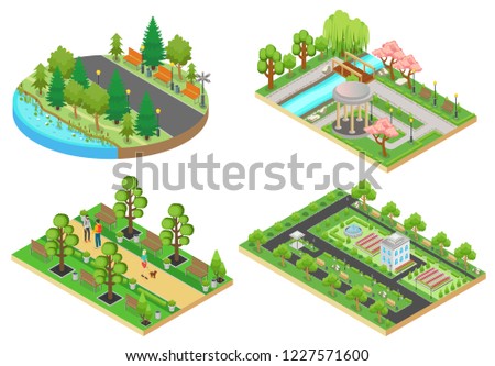 3d Isometric cartoon style green city public park concepts set vector illustration.
