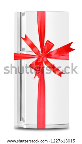 Major appliance - The Refrigerator fridge gift tied red bow on a white background. Isolated Royalty-Free Stock Photo #1227613015