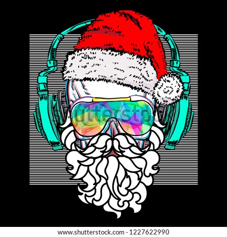 Skull with false beard and santa claus hat. Poster for the New Year's party. Cool print for T-shirt.