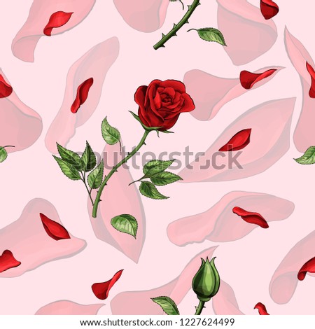 Red rose flower and soft petals elements vector seamless pattern. Happy mother day, girls birthday, Valentines day. Gift box pink paper design