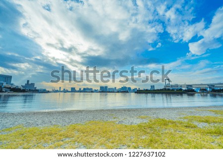 sky panorama cityscape river waterfront urban retro background material japan tokyo