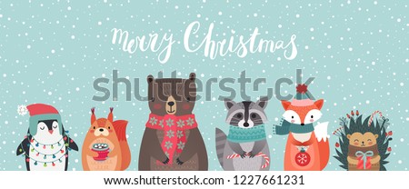 Christmas card with animals, hand drawn style. Woodland characters, bear, fox, raccoon, hedgehog, penguin and squirrel. Vector illustration.