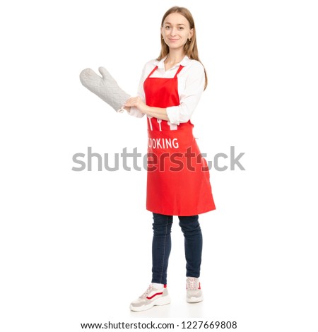 Woman in red apron in hands kitchen bakery glove on white background isolation