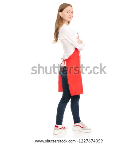 Woman in a red apron cooking on white background isolation.