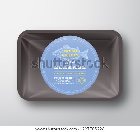 Ocean Seabass Fillets. Abstract Vector Fish Plastic Tray with Cellophane Cover Packaging Design Round Label or Sticker. Retro Typography and Hand Drawn Sea Bass Silhouette Background Layout. Isolated.