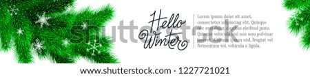 Hello winter vector banner design template with place for your text. Christmas tree branches background with falling snow, snowflakes and "Hello Winter" hand drawn text. Vector background illustration