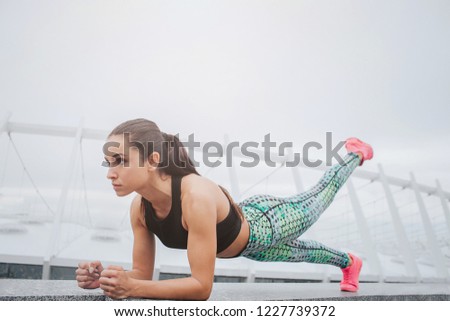 Picture of young woman doing workout outside. She stands in plank position and look straight. Slim and well-built model works hard.