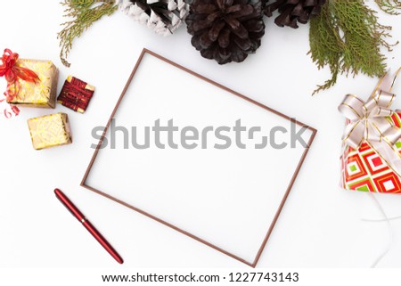 Christmas frame. Christmas gifts, Idea, bows, decor. Flat lay