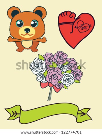 Cute teddy bear. Valentine heart. Tattoo. Bouquet.